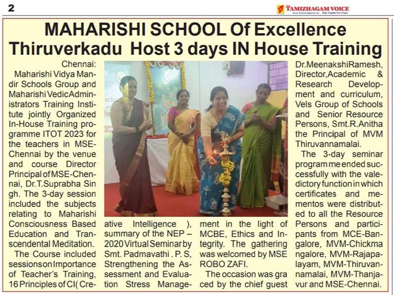 Maharishi Vidya Mandir Schools Group and Maharishi Vedic Adminstrators Training Institute jointly Organized In-House Training programme ITOT 2023 for the teachers in MSE-Chennai.