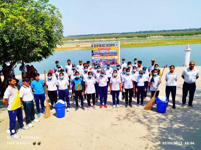 MVM Fatehpur: On the occasion of World Environment Day,  NCC Girls Cadets performed cleaning at the bank of Holy river Ganga and Boys Cadets planted saplings in the school campus and in the District Jail campus.