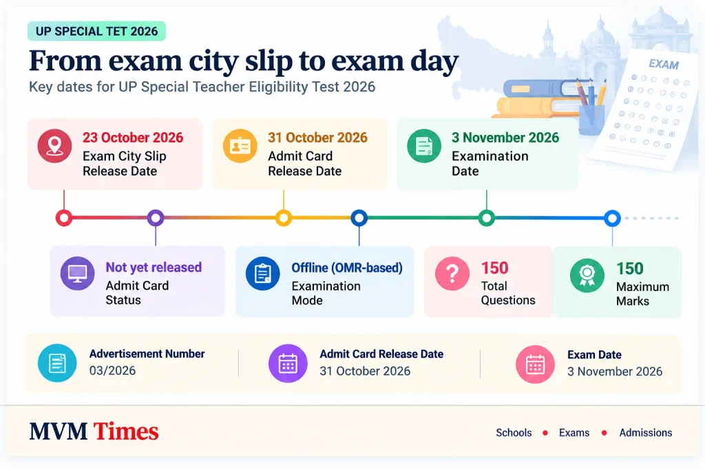 UP Special TET 2026 timeline: exam city slip on 23 October, admit card on 31 October and exam on 3 November 2026