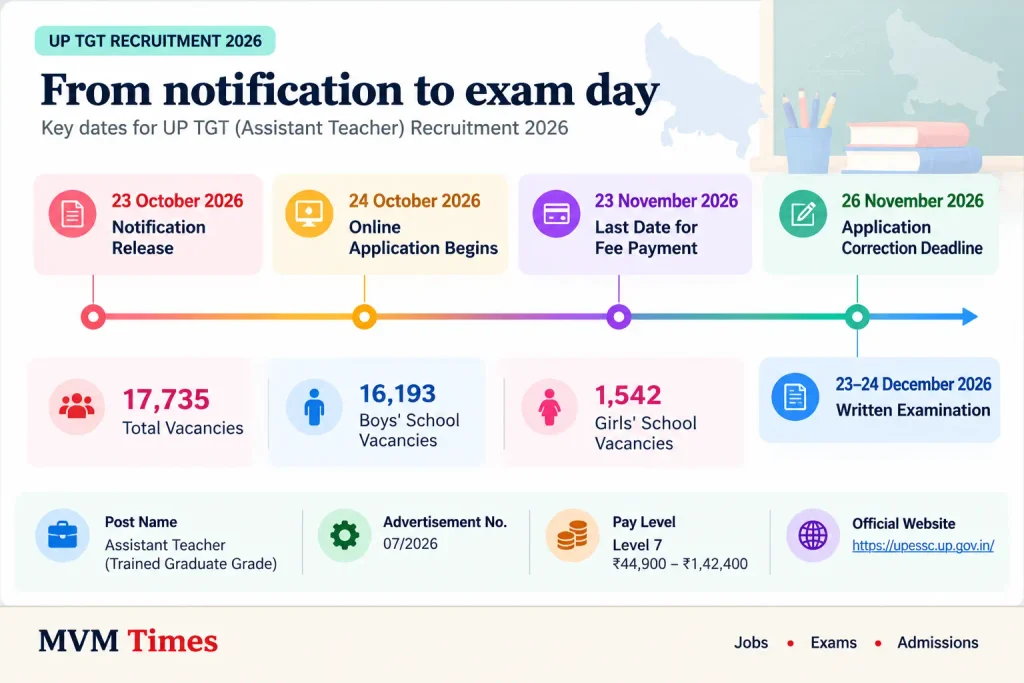 UP TGT Recruitment 2026 timeline: notification 23 October, applications from 24 October, fee deadline 23 November and exam on 23-24 December 2026