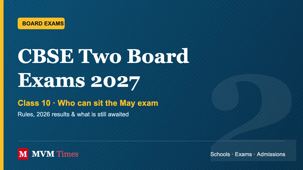 MVM Times cover: CBSE Two Board Exams 2027 for Class 10, who can sit the May exam, on a dark blue background