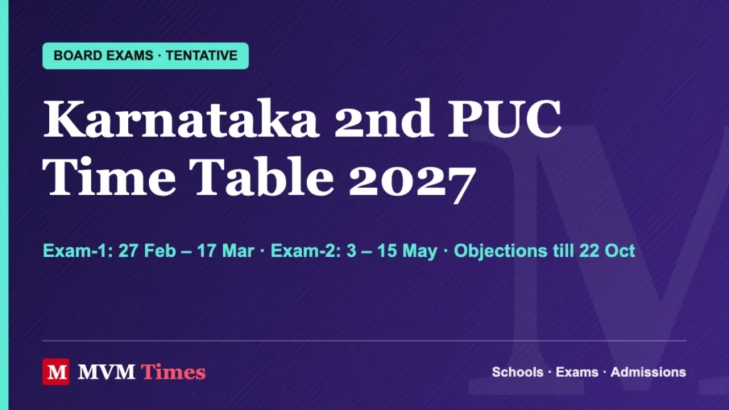 Karnataka 2nd PUC Time Table 2027 cover: tentative Exam-1 from 27 February to 17 March and Exam-2 from 3 to 15 May